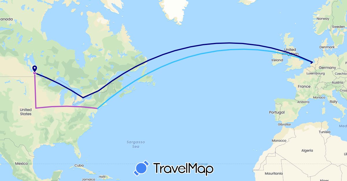 TravelMap itinerary: driving, train, boat in Canada, Netherlands, United States (Europe, North America)